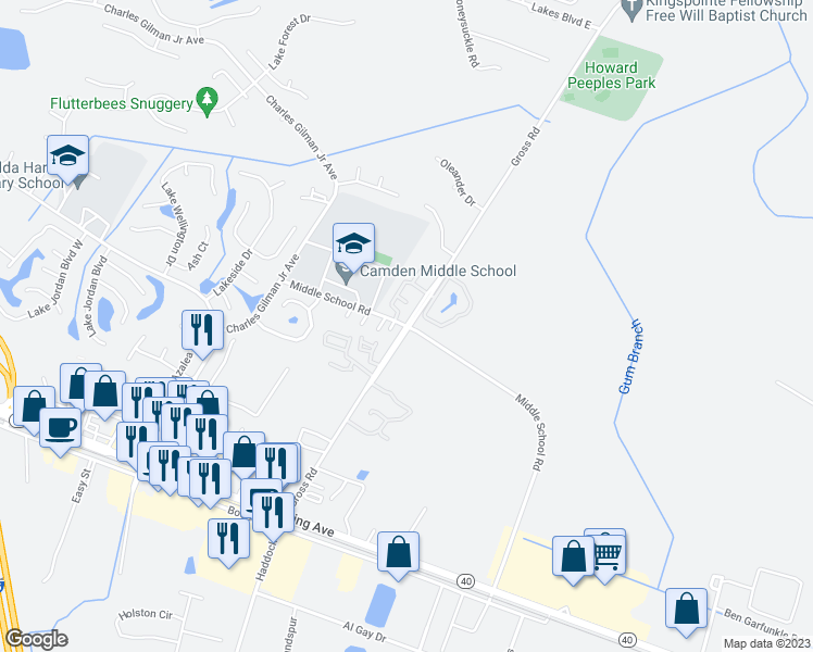 map of restaurants, bars, coffee shops, grocery stores, and more near 302 Gross Road in Kingsland