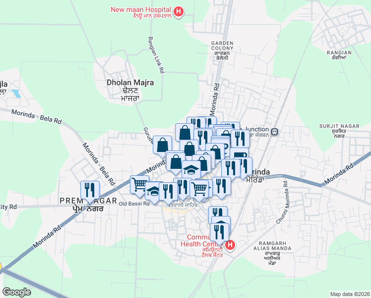 map of restaurants, bars, coffee shops, grocery stores, and more near Morinda City Road in Morinda