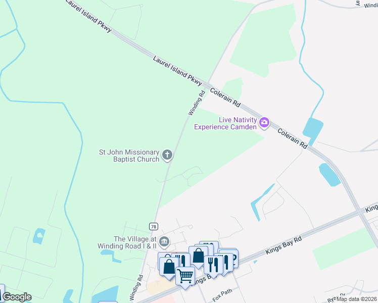 map of restaurants, bars, coffee shops, grocery stores, and more near 562 Winding Road in Kingsland