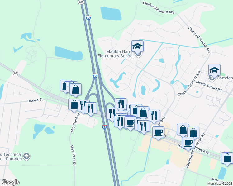map of restaurants, bars, coffee shops, grocery stores, and more near 515 Lake Jordan Boulevard West in Kingsland
