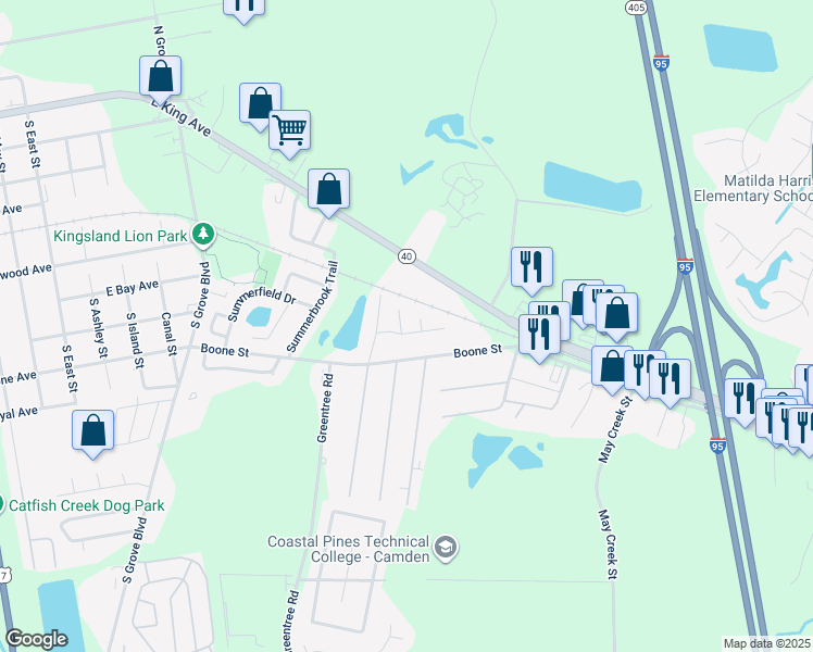 map of restaurants, bars, coffee shops, grocery stores, and more near 104 Meadow Court in Kingsland