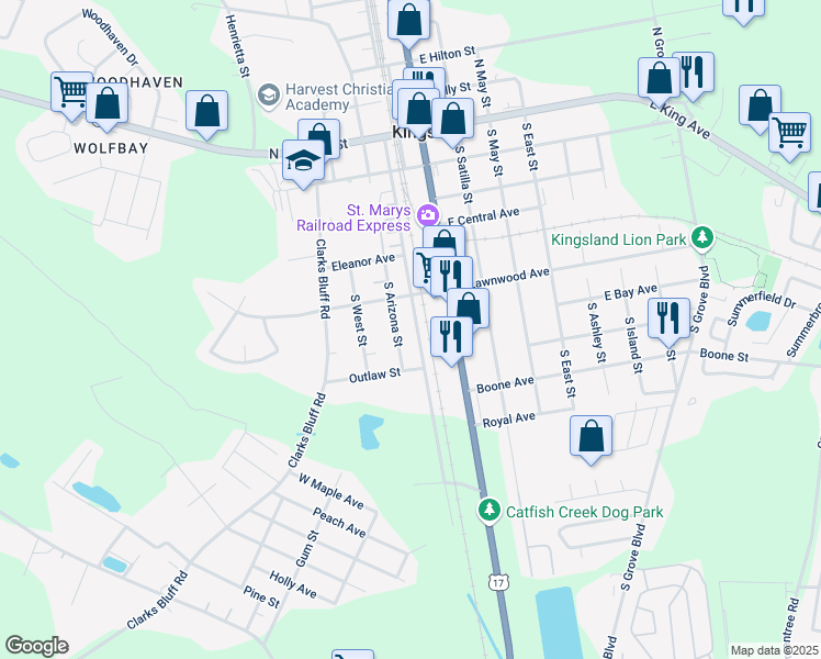 map of restaurants, bars, coffee shops, grocery stores, and more near 504 South Lee Street in Kingsland
