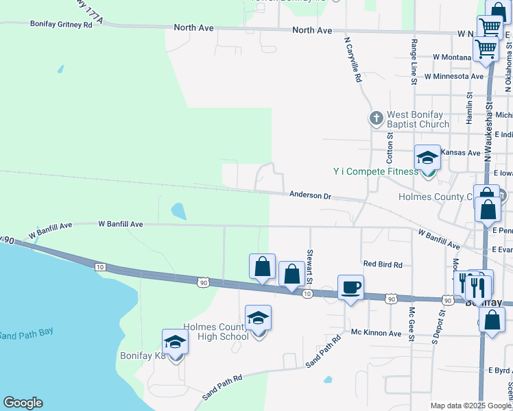 map of restaurants, bars, coffee shops, grocery stores, and more near 906 West Banfill Avenue in Bonifay