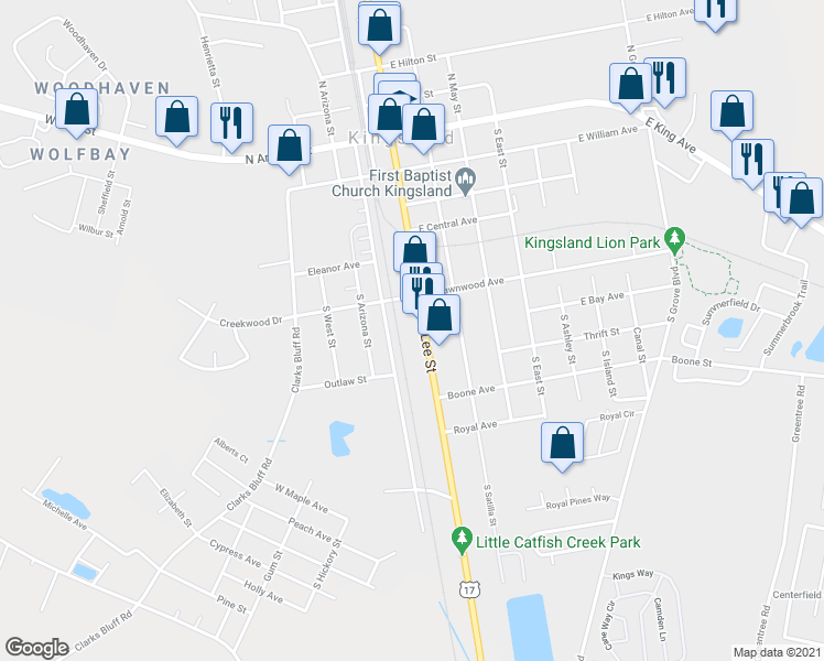 map of restaurants, bars, coffee shops, grocery stores, and more near 504 South Lee Street in Kingsland