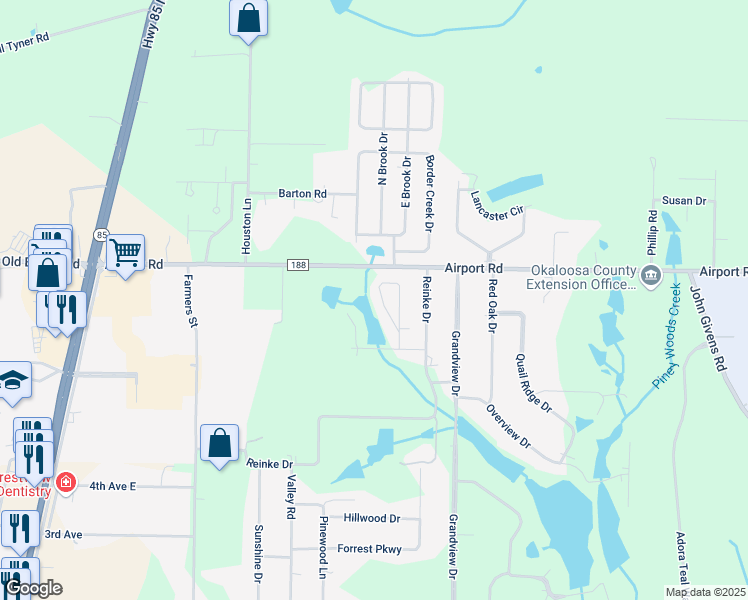 map of restaurants, bars, coffee shops, grocery stores, and more near 135 Winchester Way in Crestview