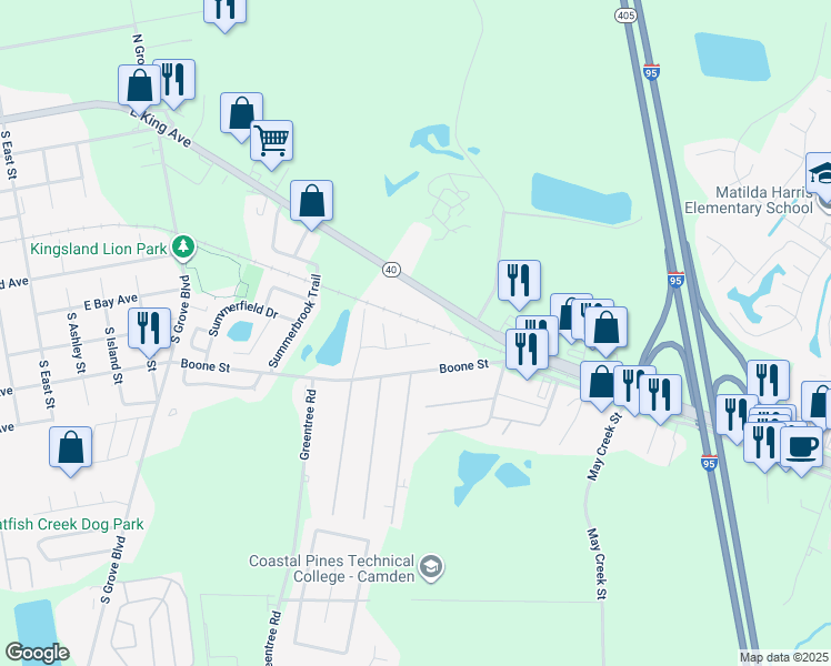 map of restaurants, bars, coffee shops, grocery stores, and more near 104 Meadow Court in Kingsland