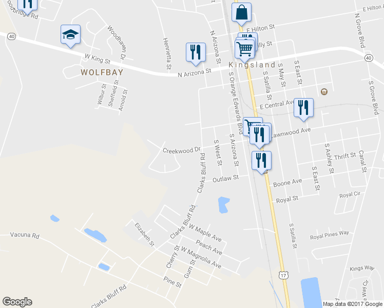 map of restaurants, bars, coffee shops, grocery stores, and more near 207 Creekwood Drive in Kingsland