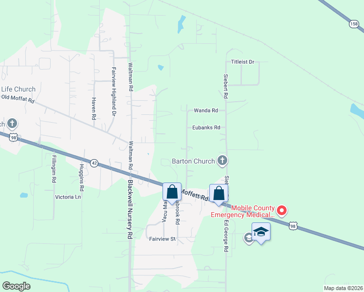 map of restaurants, bars, coffee shops, grocery stores, and more near 4925 Christopher Road in Wilmer