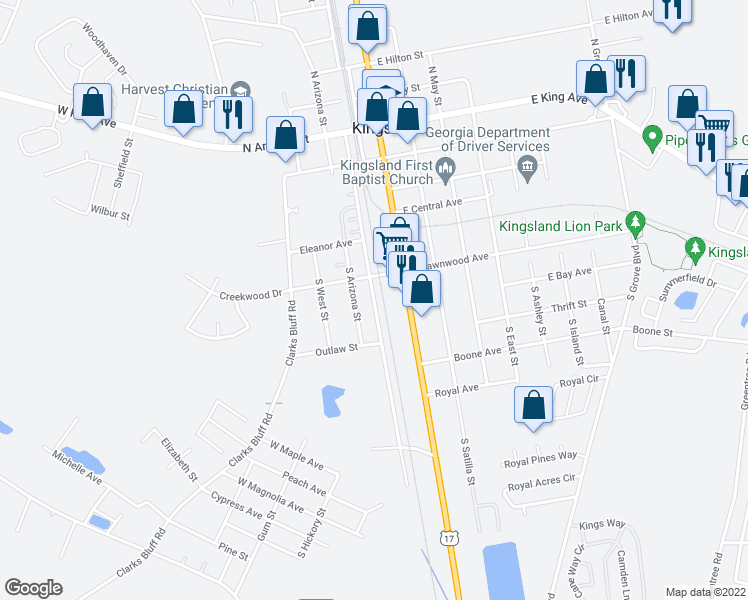 map of restaurants, bars, coffee shops, grocery stores, and more near 520 South Orange Edwards Boulevard in Kingsland