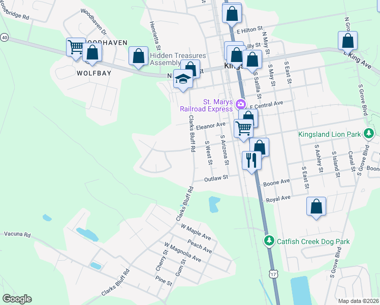 map of restaurants, bars, coffee shops, grocery stores, and more near 207 Creekwood Drive in Kingsland