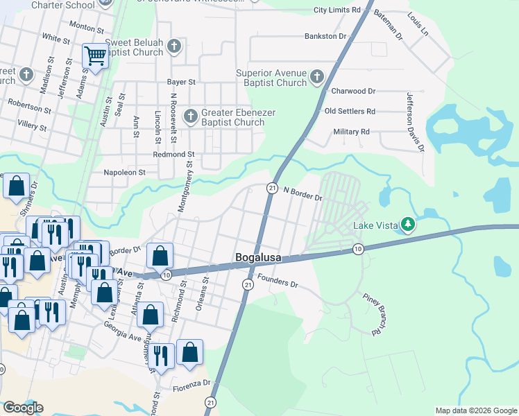 map of restaurants, bars, coffee shops, grocery stores, and more near 809 North Columbia Street in Bogalusa