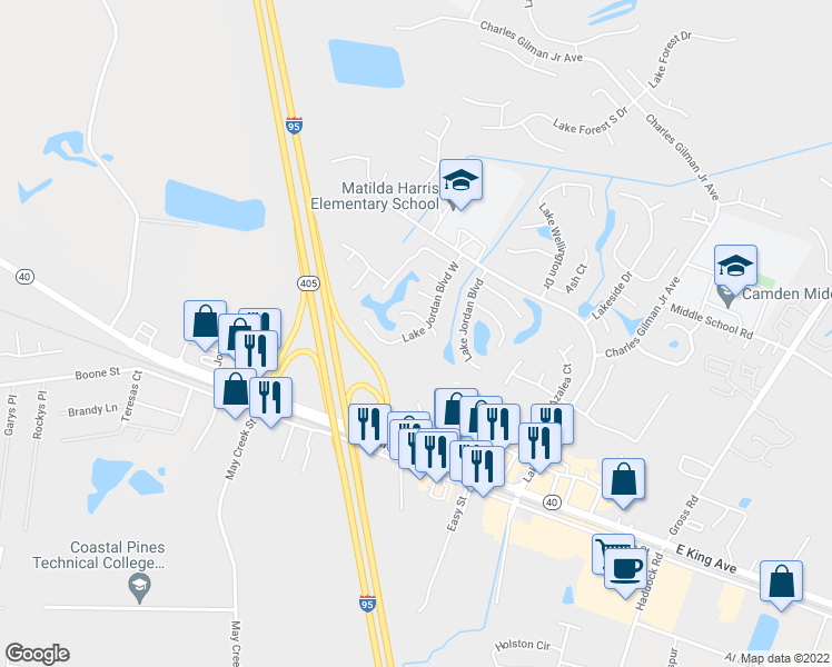 map of restaurants, bars, coffee shops, grocery stores, and more near 520 Lake Jordan Boulevard West in Kingsland