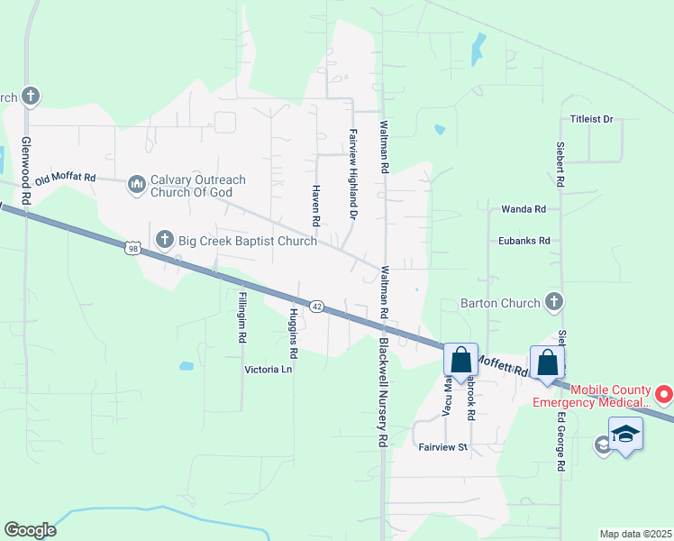 map of restaurants, bars, coffee shops, grocery stores, and more near 11027 Old Moffat Road in Wilmer