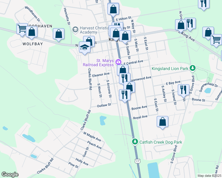 map of restaurants, bars, coffee shops, grocery stores, and more near 508 South Arizona Street in Kingsland