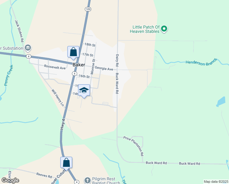 map of restaurants, bars, coffee shops, grocery stores, and more near 6130 Buckward Road in Baker