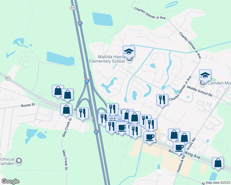 map of restaurants, bars, coffee shops, grocery stores, and more near 502 Lake Jordan Boulevard West in Kingsland