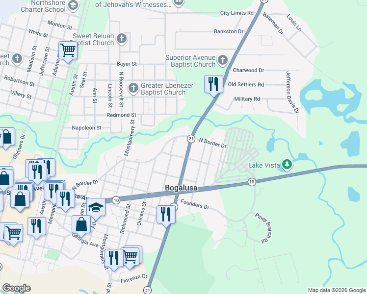 map of restaurants, bars, coffee shops, grocery stores, and more near 809 North Columbia Street in Bogalusa