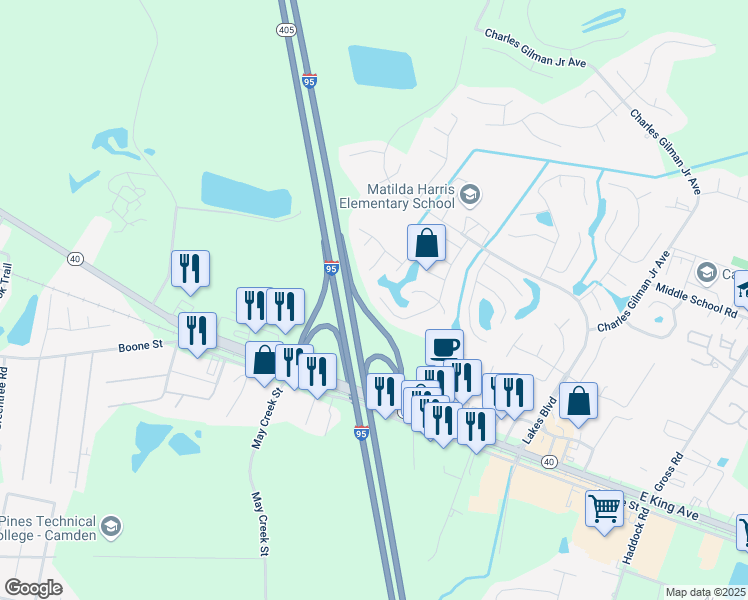 map of restaurants, bars, coffee shops, grocery stores, and more near 603 Lake Jordan Boulevard West in Kingsland