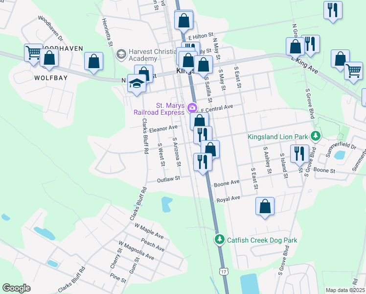 map of restaurants, bars, coffee shops, grocery stores, and more near 504 South Lee Street in Kingsland