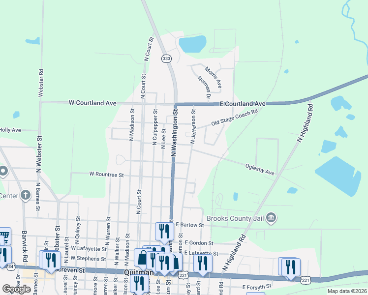 map of restaurants, bars, coffee shops, grocery stores, and more near 404 Davis Street in Quitman