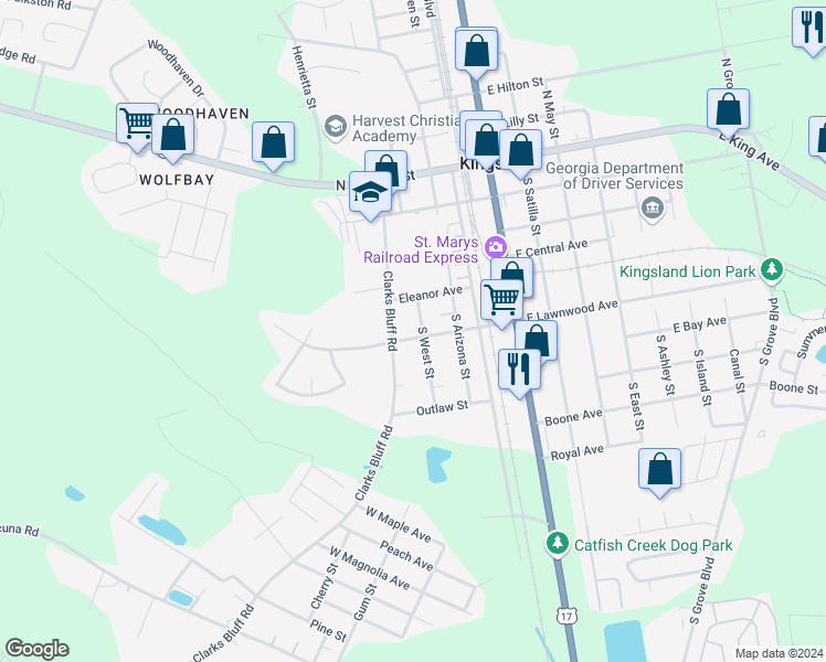 map of restaurants, bars, coffee shops, grocery stores, and more near 406 West Lawnwood Avenue in Kingsland