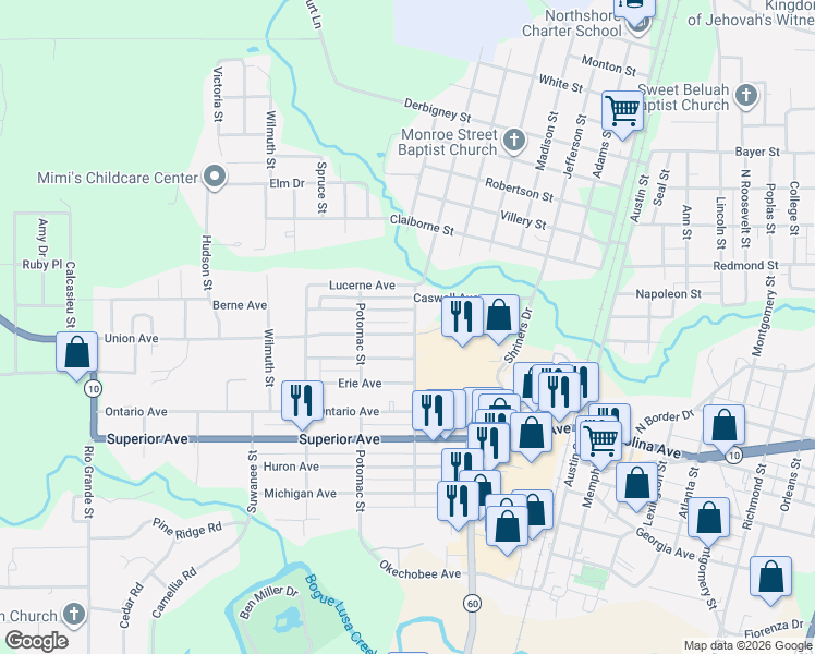 map of restaurants, bars, coffee shops, grocery stores, and more near 900 Sabine Street in Bogalusa