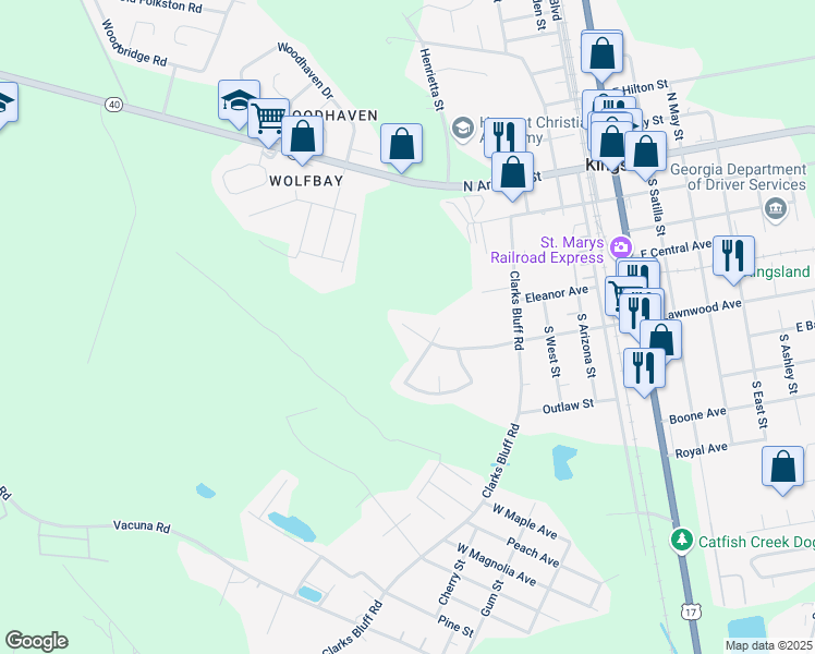 map of restaurants, bars, coffee shops, grocery stores, and more near 240 Creekwood Drive in Kingsland