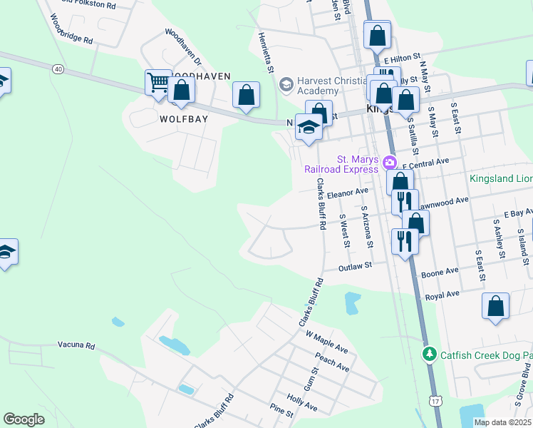 map of restaurants, bars, coffee shops, grocery stores, and more near 229 Creekwood Court in Kingsland