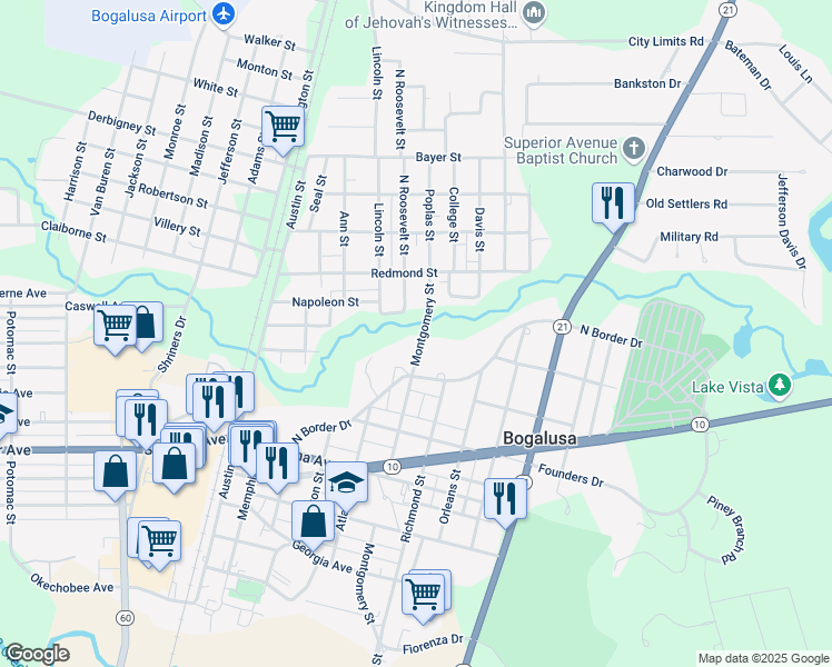 map of restaurants, bars, coffee shops, grocery stores, and more near 911 Poplas Street in Bogalusa