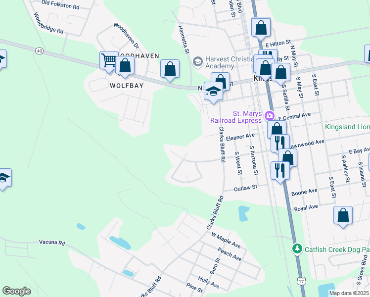 map of restaurants, bars, coffee shops, grocery stores, and more near 229 Creekwood Court in Kingsland