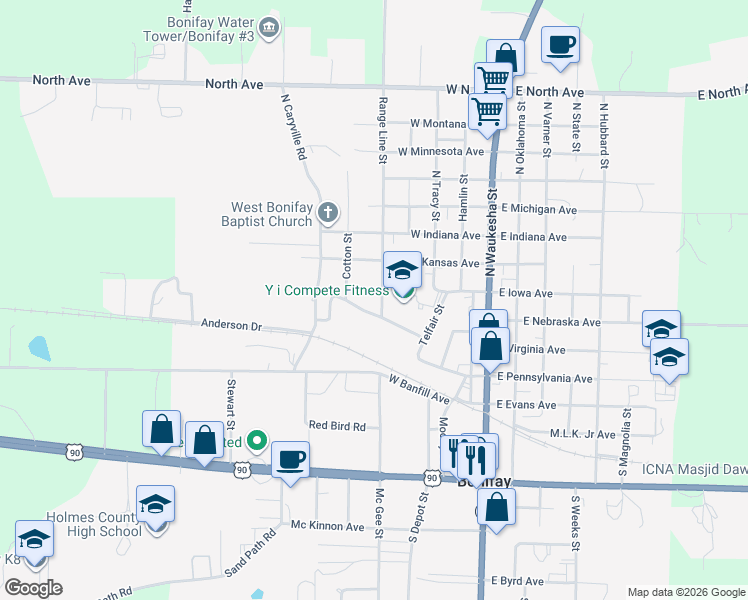 map of restaurants, bars, coffee shops, grocery stores, and more near 309 North Rangeline Street in Bonifay