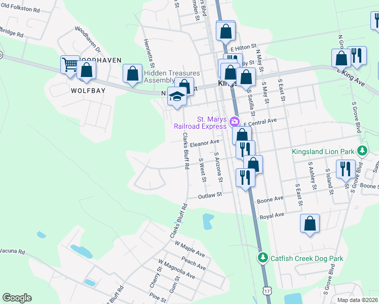 map of restaurants, bars, coffee shops, grocery stores, and more near 404 South West Street in Kingsland