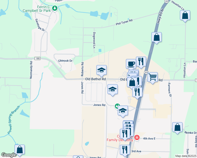 map of restaurants, bars, coffee shops, grocery stores, and more near 6169 Old Bethel Road in Crestview