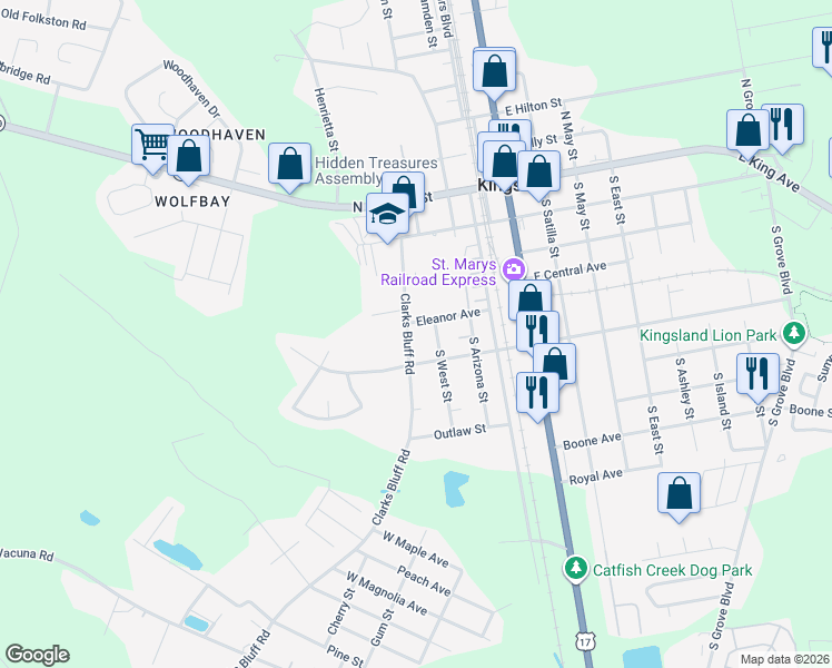 map of restaurants, bars, coffee shops, grocery stores, and more near 404 South West Street in Kingsland