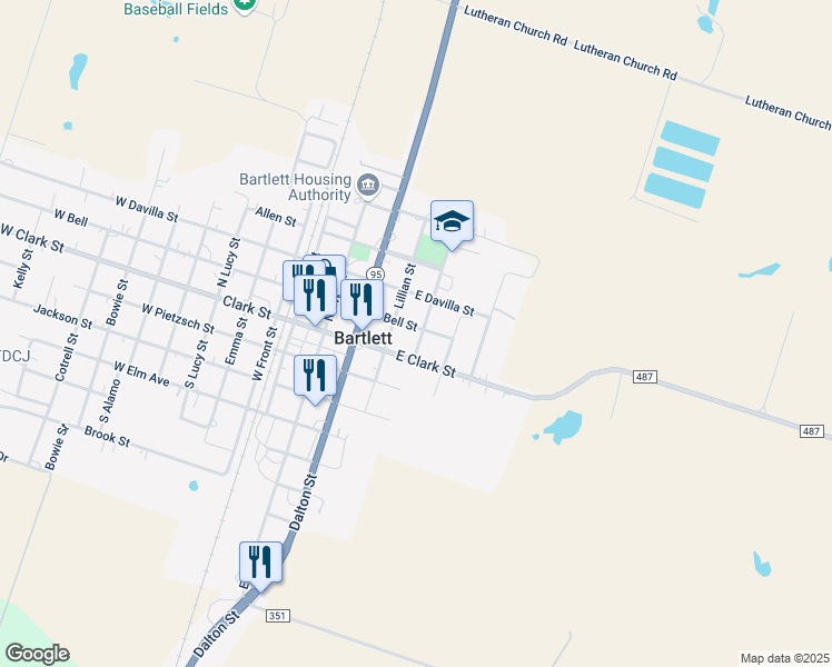 map of restaurants, bars, coffee shops, grocery stores, and more near 445 East Bell Street in Bartlett