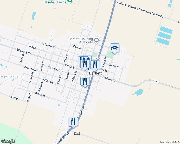 map of restaurants, bars, coffee shops, grocery stores, and more near 202 West Clark Street in Bartlett