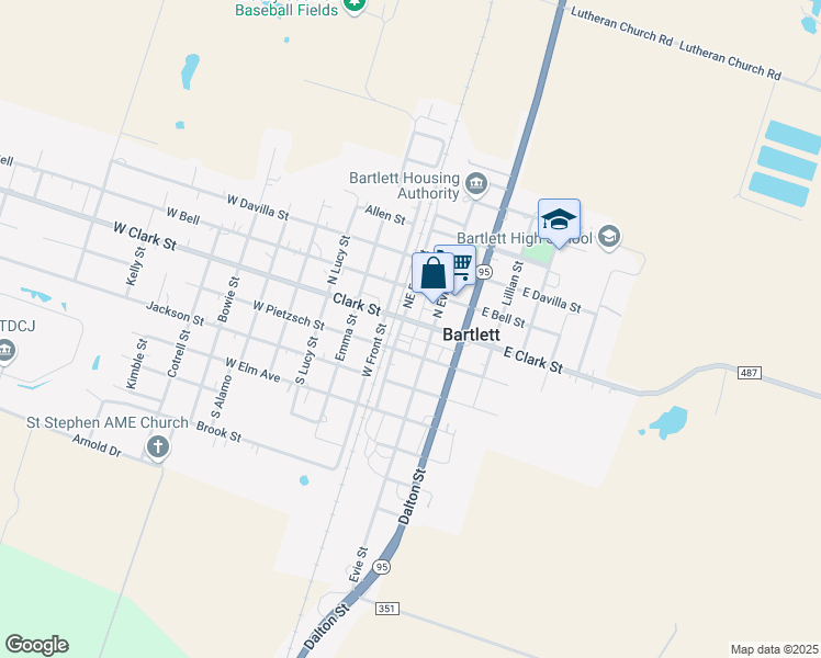 map of restaurants, bars, coffee shops, grocery stores, and more near 109 East Clark Street in Bartlett