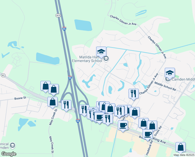 map of restaurants, bars, coffee shops, grocery stores, and more near 302 Lake Jordan Boulevard West in Kingsland