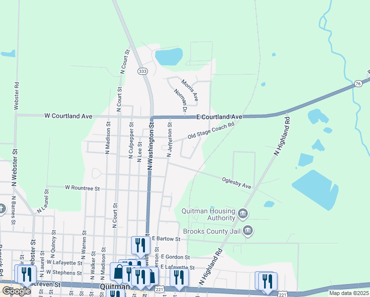 map of restaurants, bars, coffee shops, grocery stores, and more near 1017 North Jefferson Street in Quitman