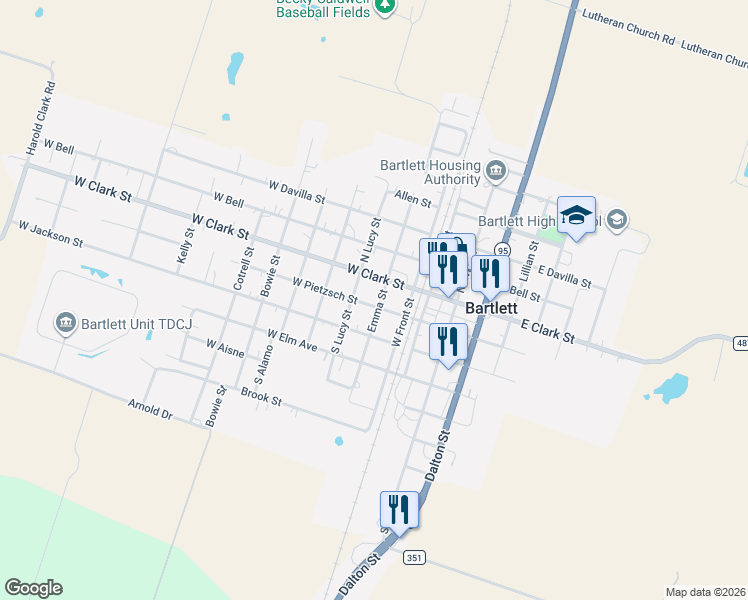 map of restaurants, bars, coffee shops, grocery stores, and more near 203 East Pietzsch Street in Bartlett