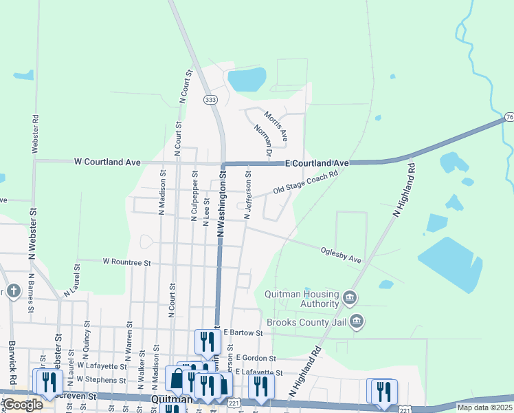 map of restaurants, bars, coffee shops, grocery stores, and more near 1017 North Jefferson Street in Quitman