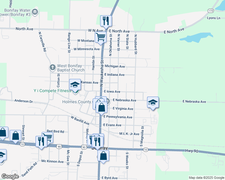 map of restaurants, bars, coffee shops, grocery stores, and more near 205 East Iowa Avenue in Bonifay