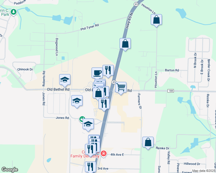 map of restaurants, bars, coffee shops, grocery stores, and more near 5720 Highway 85 North in Crestview