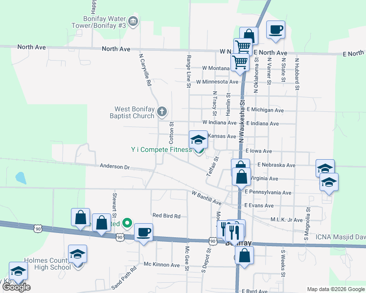 map of restaurants, bars, coffee shops, grocery stores, and more near 309 North Rangeline Street in Bonifay