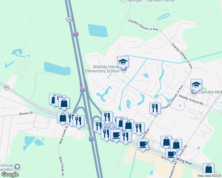 map of restaurants, bars, coffee shops, grocery stores, and more near 302 Harvest Moon Way in Kingsland