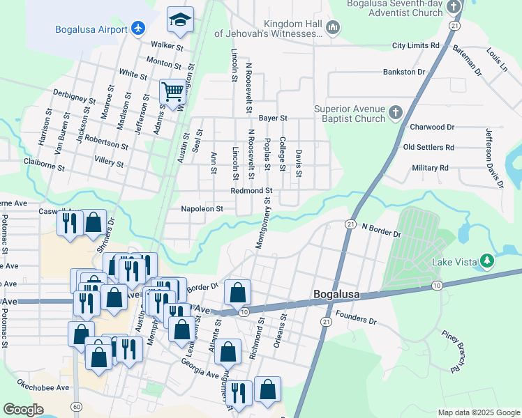 map of restaurants, bars, coffee shops, grocery stores, and more near 911 Poplas Street in Bogalusa