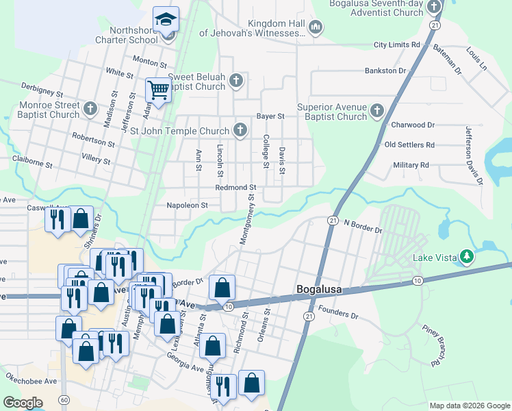 map of restaurants, bars, coffee shops, grocery stores, and more near 912 Poplas Street in Bogalusa