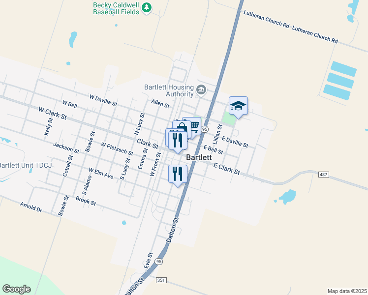 map of restaurants, bars, coffee shops, grocery stores, and more near 202 West Clark Street in Bartlett