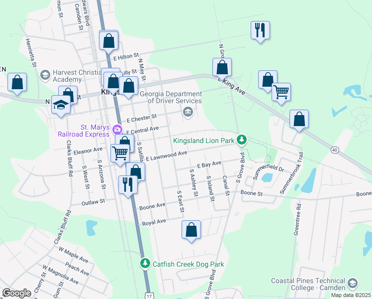 map of restaurants, bars, coffee shops, grocery stores, and more near 416 South Ashley Street in Kingsland