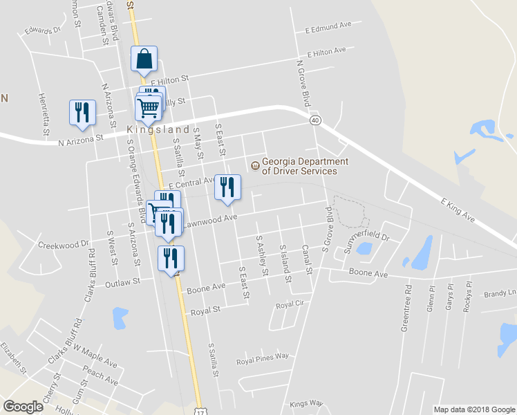 map of restaurants, bars, coffee shops, grocery stores, and more near 413 South Ashley Street in Kingsland